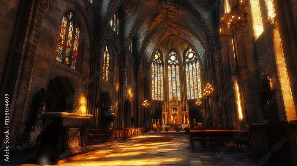 Fototapeta premium Sunlit Gothic Cathedral Interior