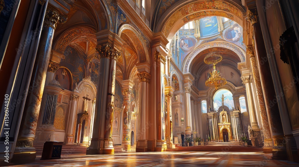 Obraz premium Grand church interior, sunlight streams in
