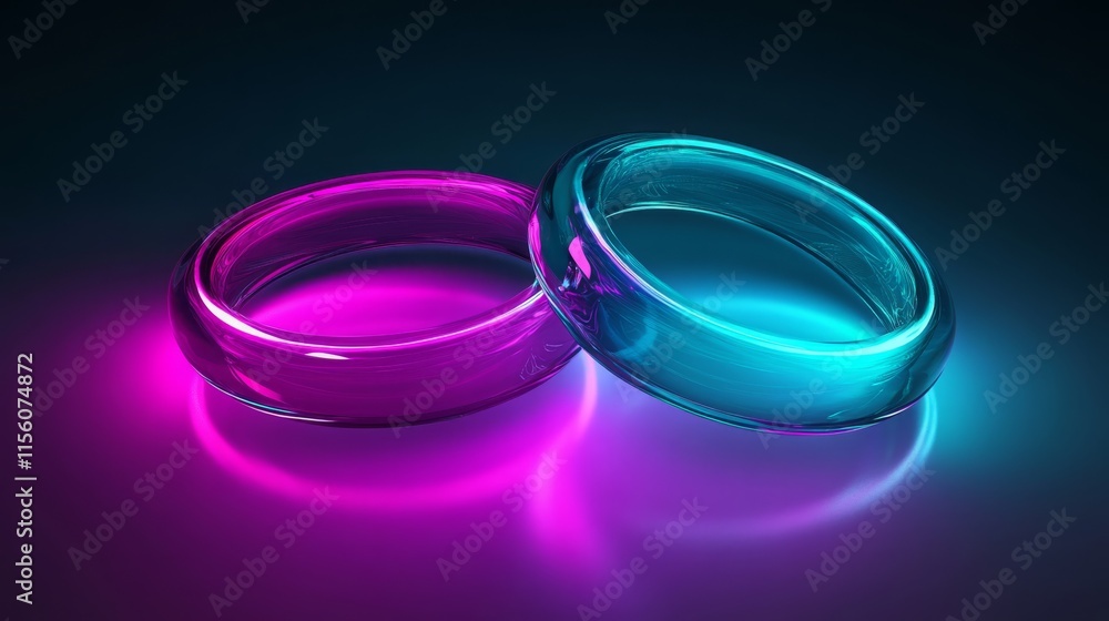 Glowing neon rings: vibrant pink and blue glass circles on dark background Glowing neon rings: vibrant pink and blue glass circles on dark background