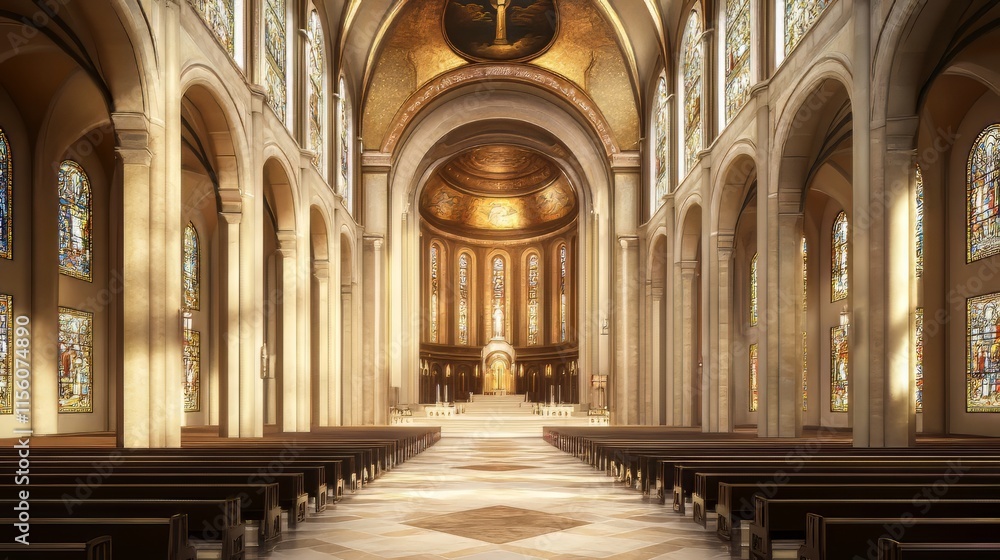 Fototapeta premium Grand cathedral interior, sunlight streams in