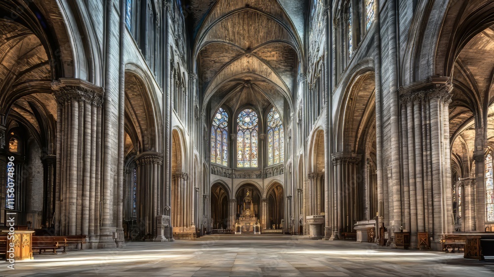 Fototapeta premium Grand cathedral interior, sunlight streams in