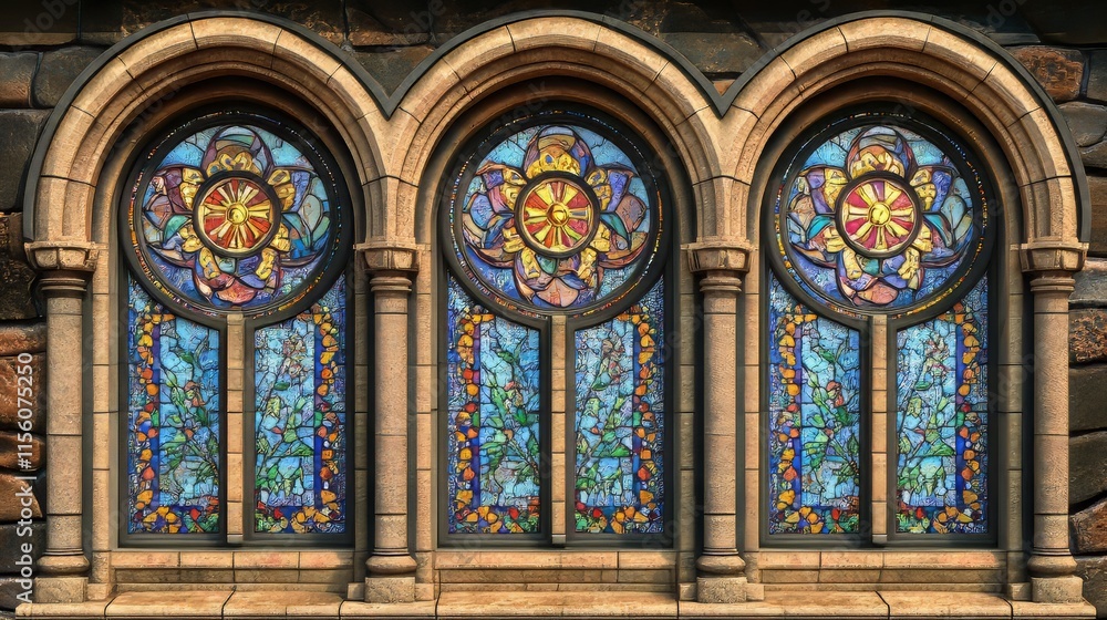 Obraz premium Triple stained-glass arched windows
