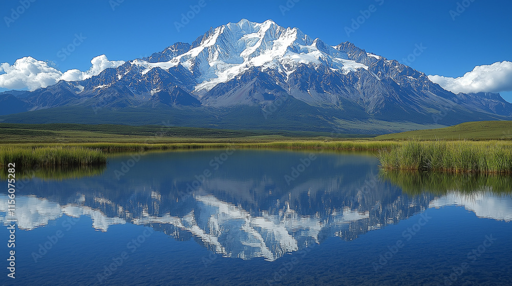 Majestic mountain reflected in serene lake under clear blue sky during sunny daytime Majestic mountain reflected in serene lake under clear blue sky during sunny daytime