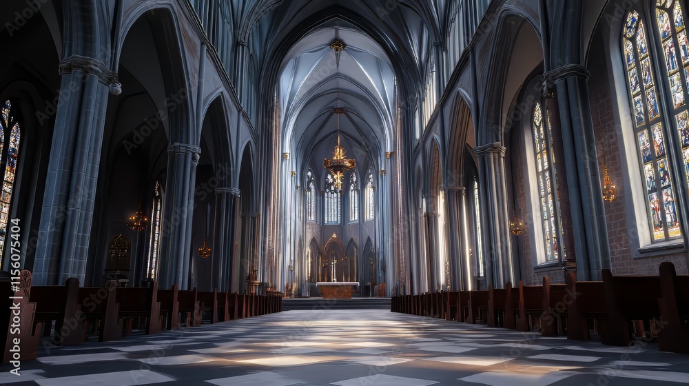 Fototapeta premium Grand cathedral interior, sunlight streams in.