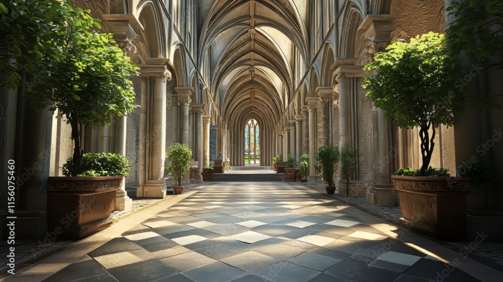 Fototapeta premium Sunlit cathedral cloister with plants