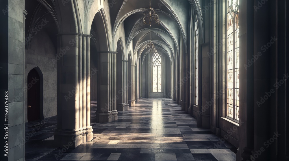 Fototapeta premium Sunlit stone hallway, grand architecture