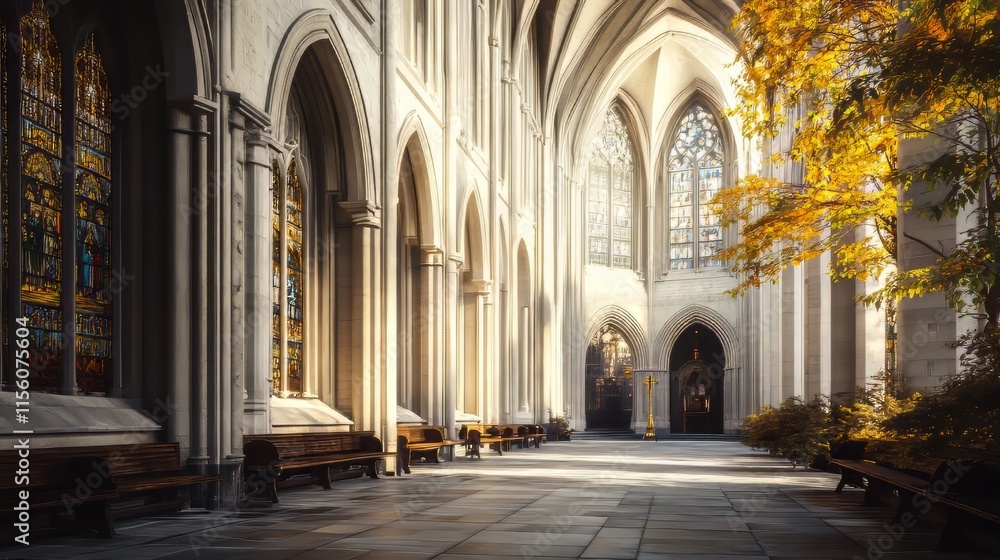 Sunlit cathedral cloister in autumn Sunlit cathedral cloister in autumn