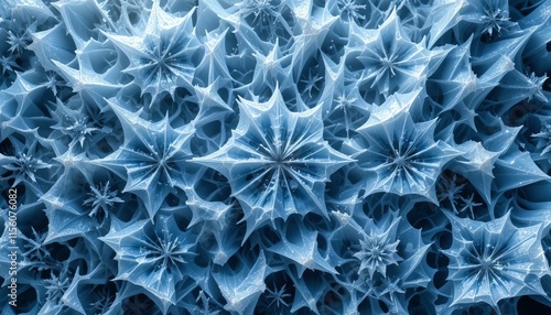 An intricate abstract pattern of frost-like structures, with sharp, angular shapes in icy blues, whites, and silvers, creating a frosty, crystalline aesthetic with soft light reflections and a cool, 