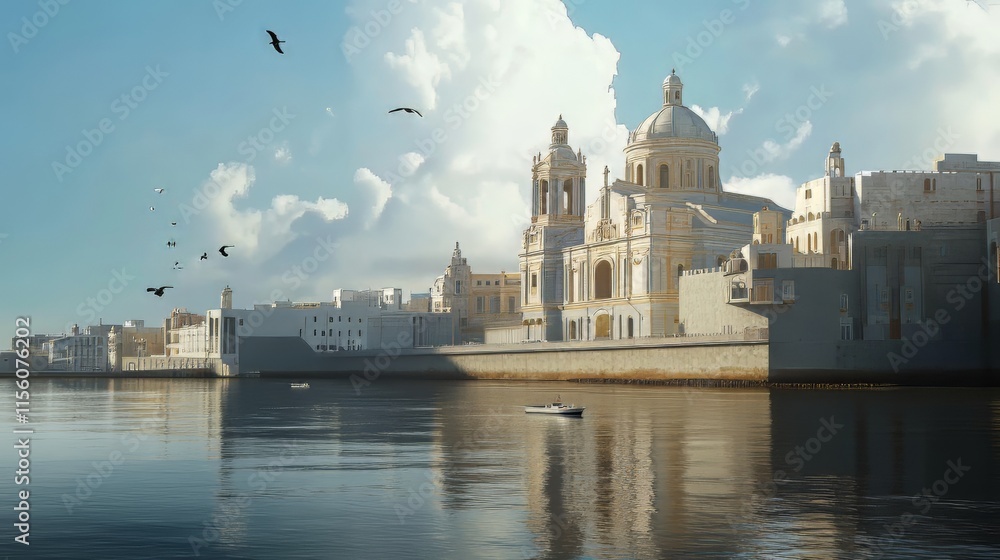 Naklejka premium Coastal city with grand cathedral