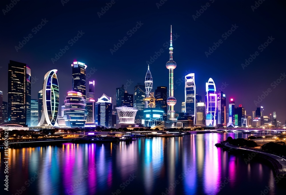 Obraz premium Modern Shanghai skyline at night with colorful neon lights reflecting in Huangpu river. Famous Pudong business district with Oriental Pearl Tower and skyscrapers. Urban cityscape of China