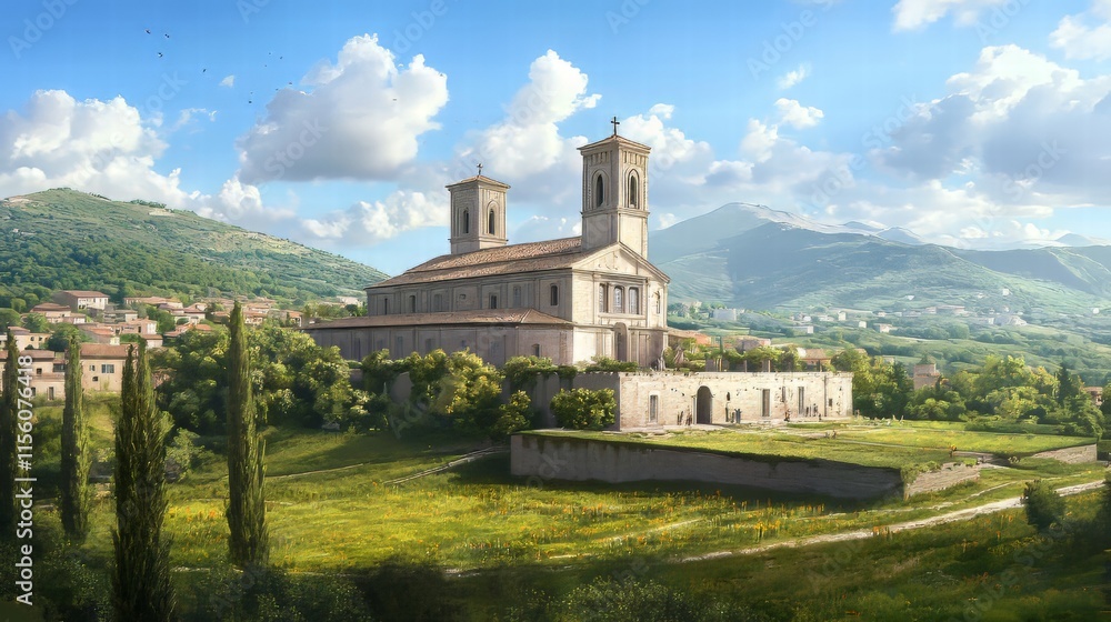 Church and village in mountain valley Church and village in mountain valley