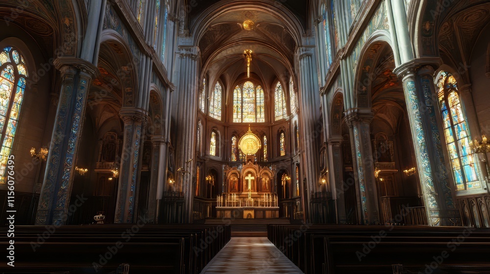 Fototapeta premium Grandiose church interior, stained glass