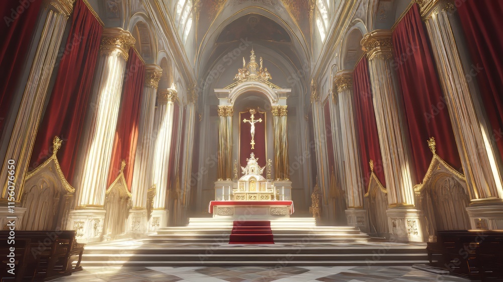 Fototapeta premium Sunlit Church Interior with Altar