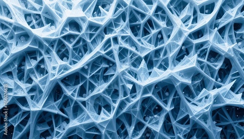 An intricate abstract pattern of frost-like structures, with sharp, angular shapes in icy blues, whites, and silvers, creating a frosty, crystalline aesthetic with soft light reflections and a cool, 