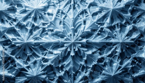 An intricate abstract pattern of frost-like structures, with sharp, angular shapes in icy blues, whites, and silvers, creating a frosty, crystalline aesthetic with soft light reflections and a cool, 