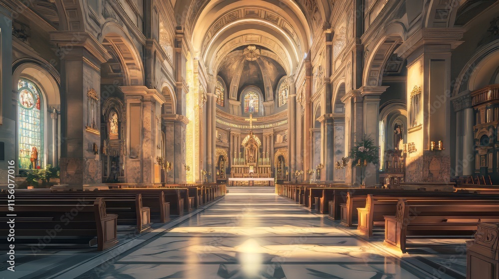 Sunlit interior of a grand cathedral Sunlit interior of a grand cathedral