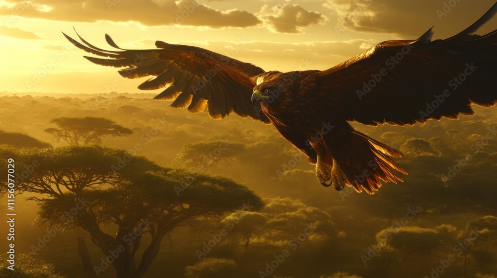 Obraz premium Majestic Golden Eagle in Flight Over Lush African Savanna at Sunrise, Capturing Nature's Beauty and Power in a Serene Landscape