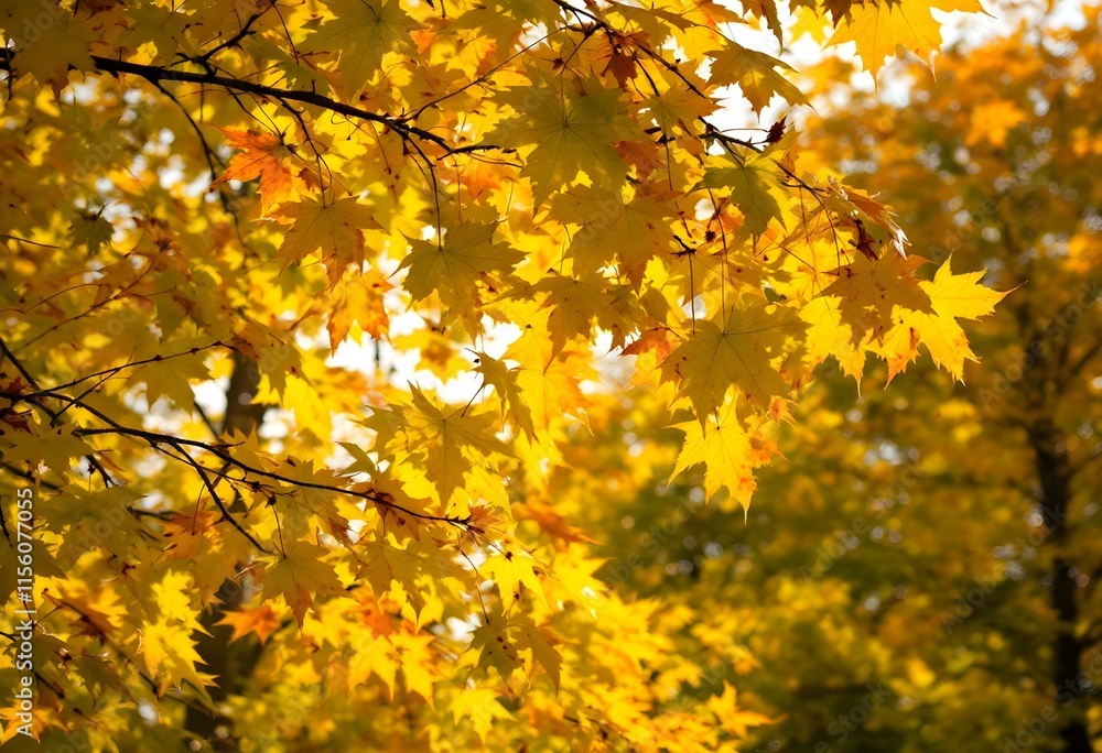 Bright yellow maple leaves glowing in sunlight. Natural autumn foliage background. Golden fall season tree branches in sunshine. Warm october nature scenery for seasonal designs with copy space Bright yellow maple leaves glowing in sunlight. Natural autumn foliage background. Golden fall season tree branches in sunshine. Warm october nature scenery for seasonal designs with copy space