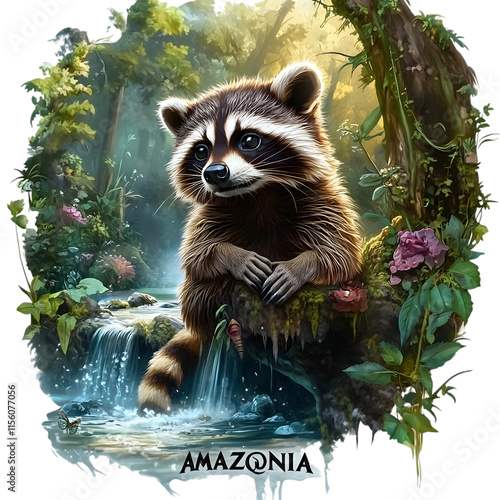 Amazon Animals, Crab Eating Raccoon in the Forest, Art, Image, with Transparent Background PNG, for Stickers, T-Shirt Print, Cap, Mug, Flip Flops, Mousepad, Transparent PNG photo