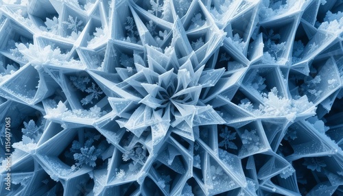 An intricate abstract pattern of frost-like structures, with sharp, angular shapes in icy blues, whites, and silvers, creating a frosty, crystalline aesthetic with soft light reflections and a cool, 