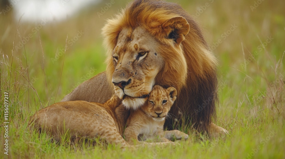 Majestic Lion Embracing Adorable Cub in Natural Habitat Exuding Tenderness and Strength on a Sunny Day in the Savannah Majestic Lion Embracing Adorable Cub in Natural Habitat Exuding Tenderness and Strength on a Sunny Day in the Savannah