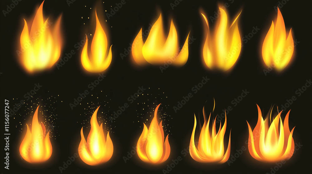 Set of bright and dynamic fire flames isolated on a black background Set of bright and dynamic fire flames isolated on a black background