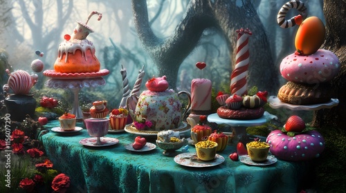 Enchanting whimsical tea party scene in a dark forest with fantastical cakes, sweets, and tea set.
