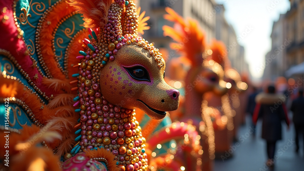 A dazzlingly detailed float in a festive parade adorned with feathers, beads, and intricate designs