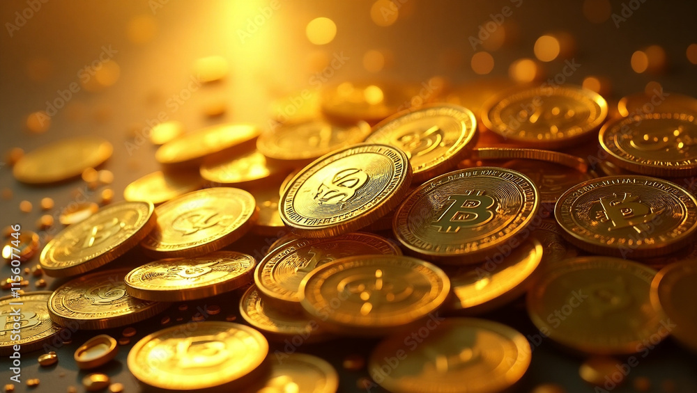 A pile of shining golden bitcoins in soft ambient lighting, symbolizing modern cryptocurrency A pile of shining golden bitcoins in soft ambient lighting, symbolizing modern cryptocurrency