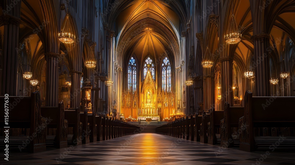 Grand cathedral interior, golden light
