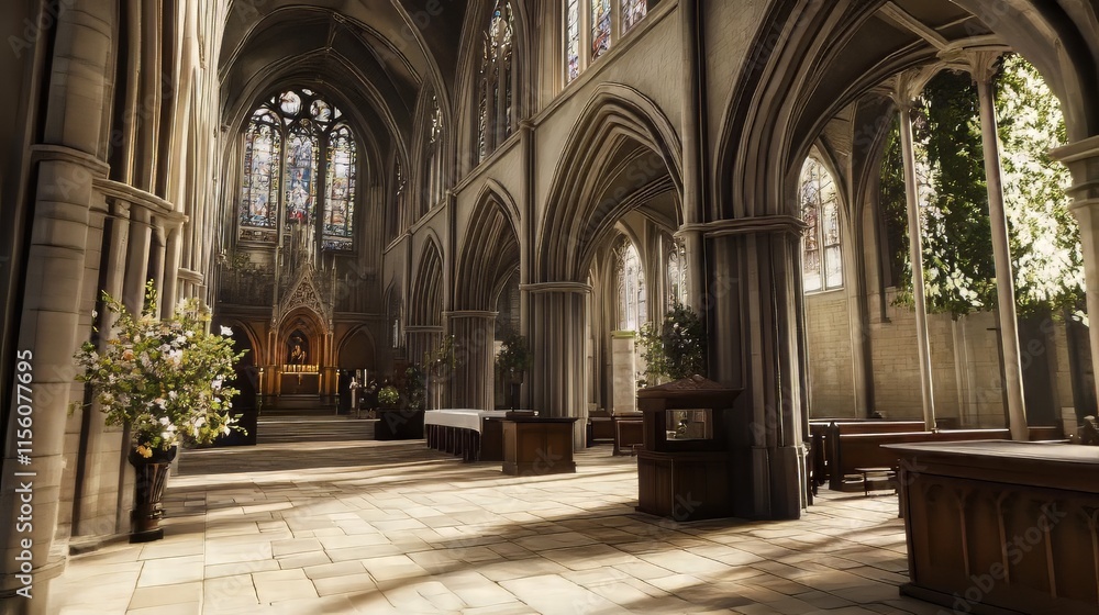 Obraz premium Sunlit cathedral interior, tranquil scene