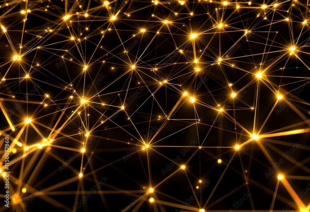 Fototapeta premium Golden neural network visualization on black background. Abstract technology digital connections pattern. Futuristic network concept for artificial intelligence and machine learning