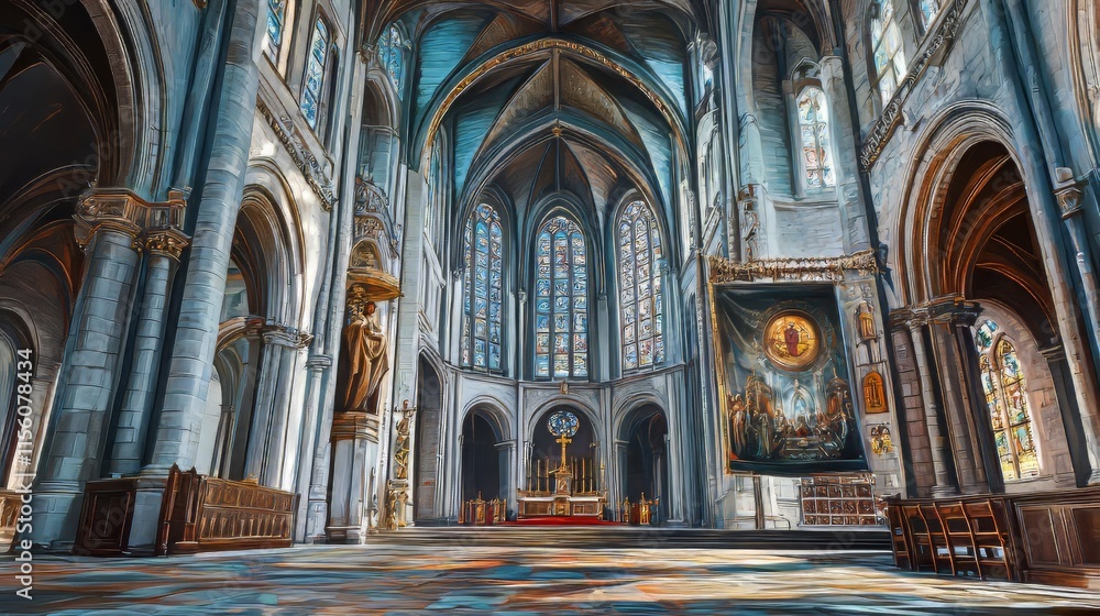 Fototapeta premium Grand cathedral interior, sunlight streams in