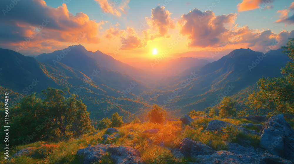 Breathtaking sunset over mountain valley with vibrant colors and serene atmosphere Breathtaking sunset over mountain valley with vibrant colors and serene atmosphere