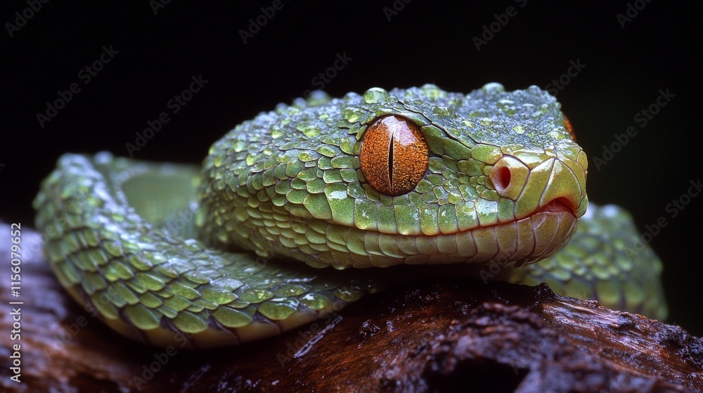 Fototapeta premium Vibrant Green Snake with Red Face in Dark Jungle Setting