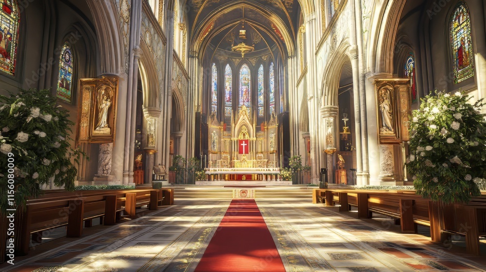 Obraz premium Grand church interior, sunlight streams in