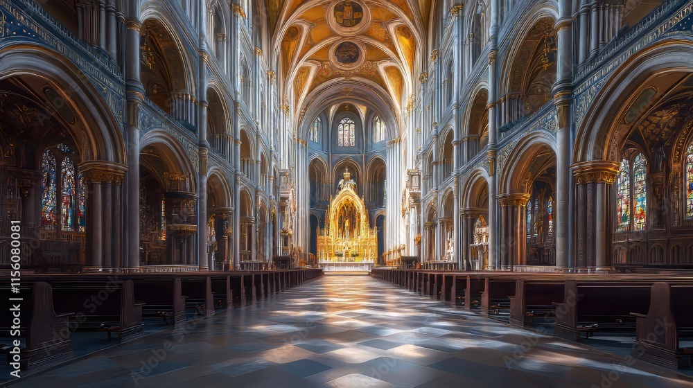 Fototapeta premium Grand cathedral interior, sunlight streams in.