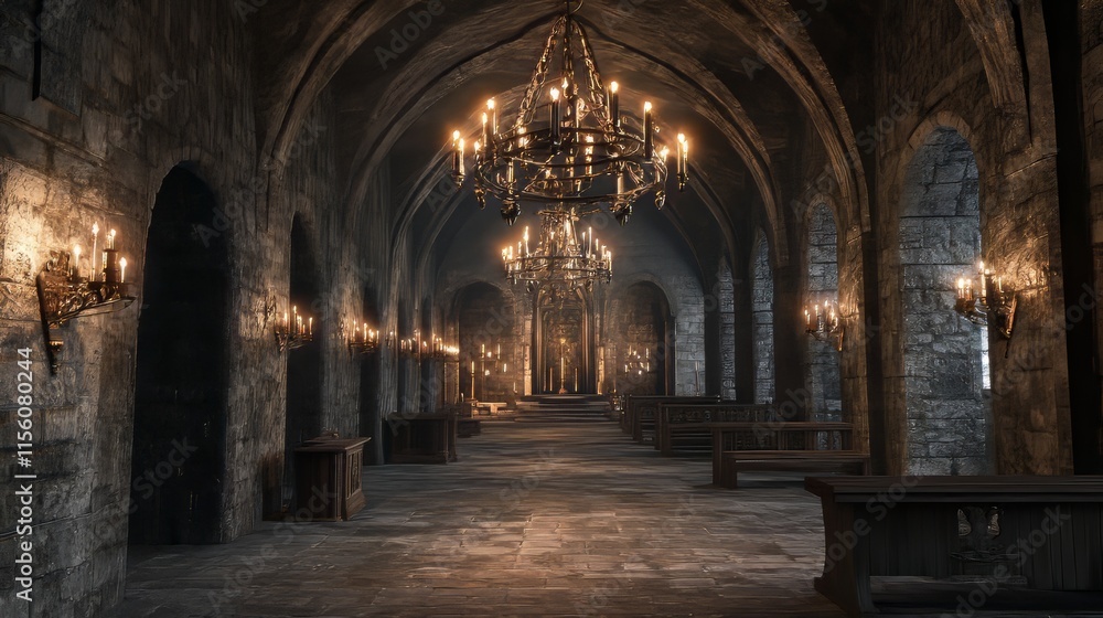 Obraz premium Grand hall with stone walls and chandeliers