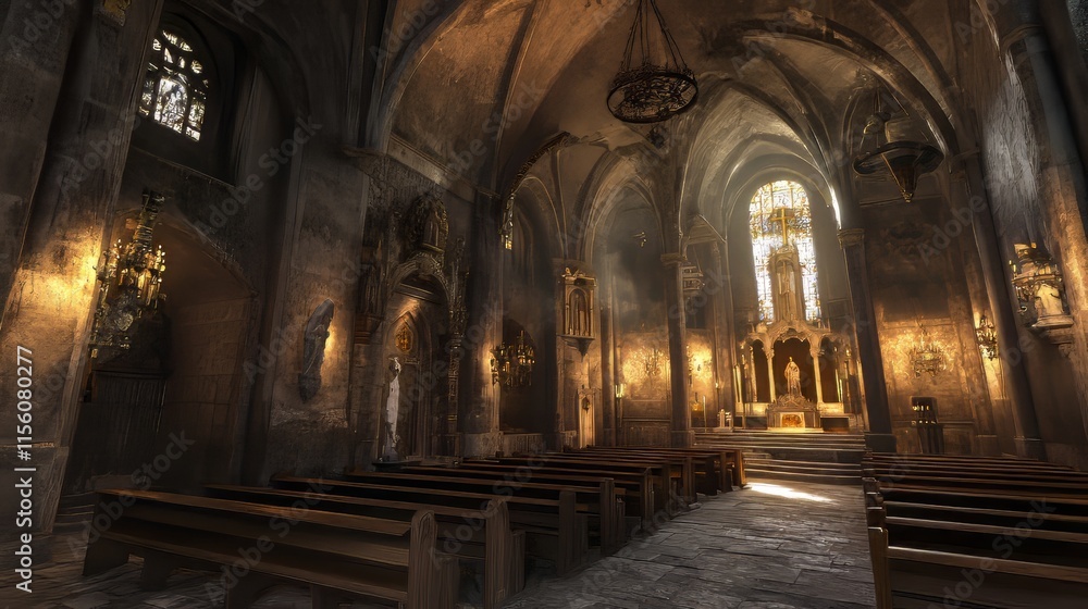 Fototapeta premium Ancient church interior, sunlit pews