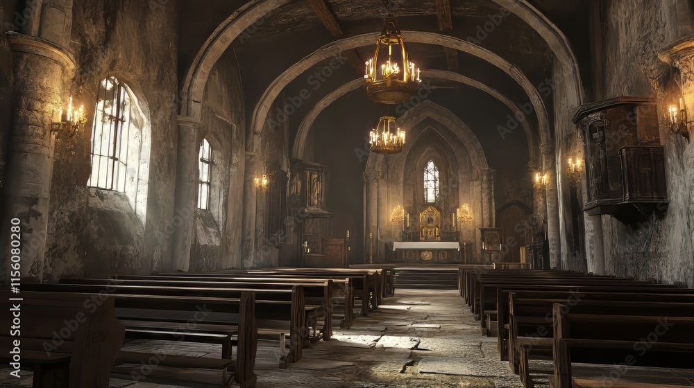 Obraz premium Ancient church interior, sunlight streams in