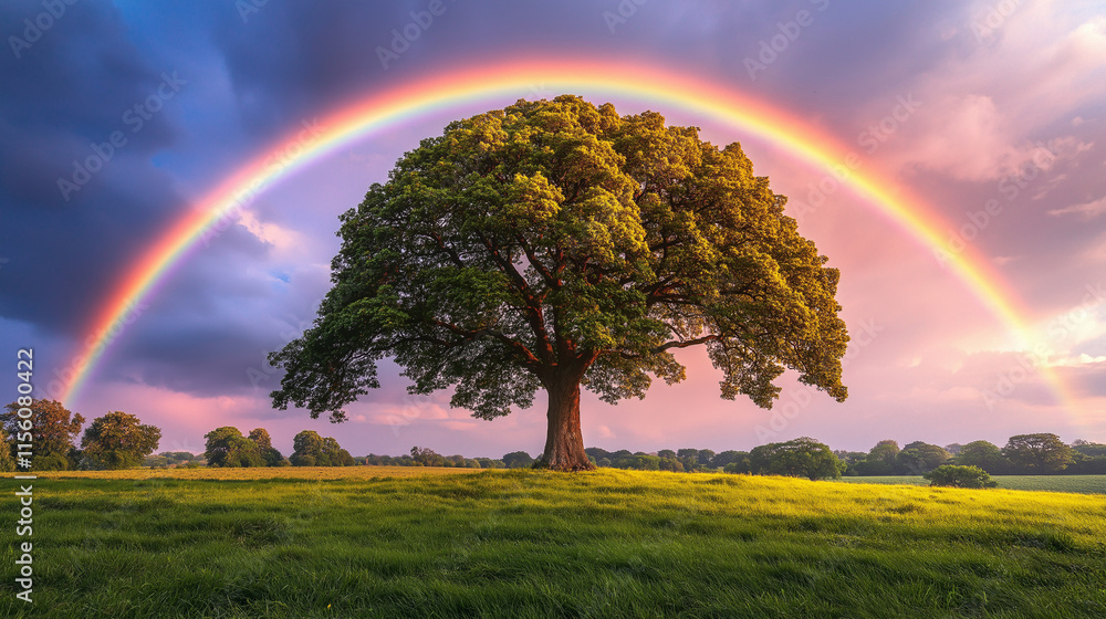 Majestic tree under a vibrant rainbow in a serene landscape at sunset Majestic tree under a vibrant rainbow in a serene landscape at sunset
