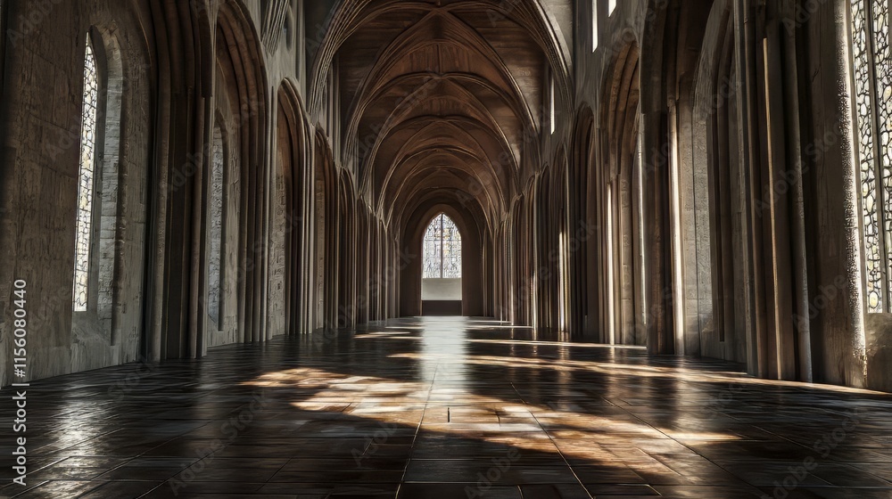 Fototapeta premium Sunlit cathedral hallway, stone arches