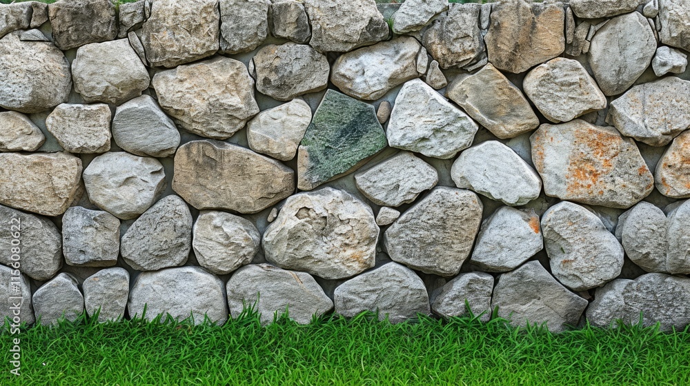 Antique Stone Wall: Decorative Rock Boundary with Green Grass Field Antique Stone Wall: Decorative Rock Boundary with Green Grass Field