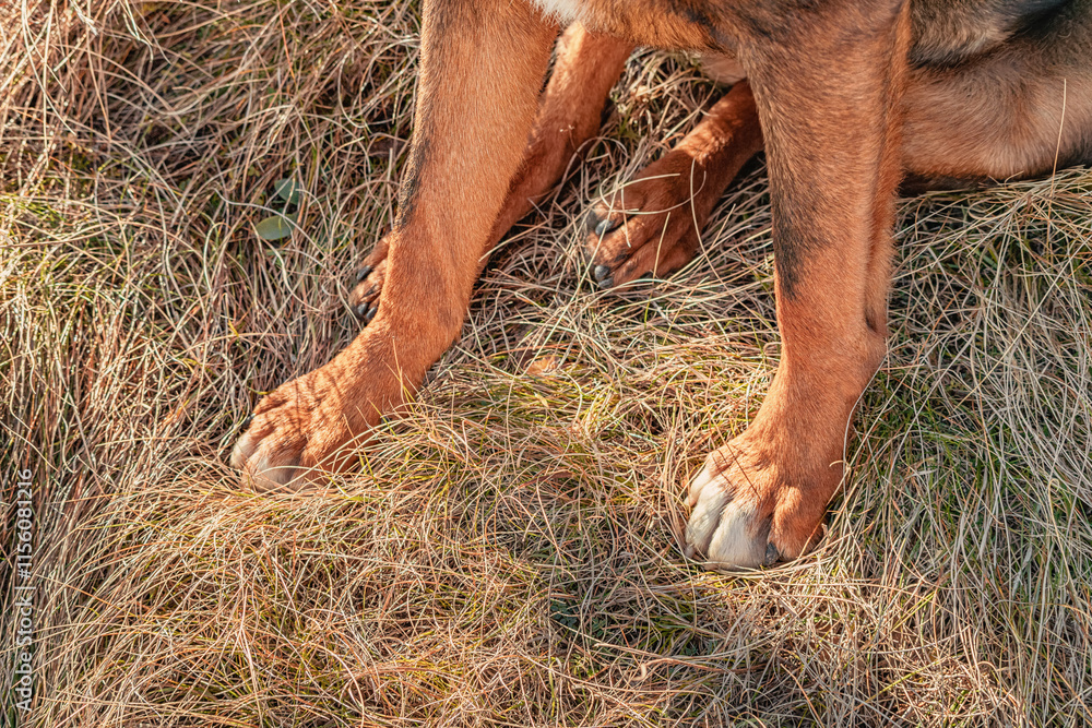 Close up of a Greater Swiss Mountain Dog's paws resting on dry grass in a field