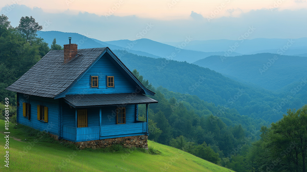 Blue wooden house surrounded by mountains at twilight with soft hues in the sky Blue wooden house surrounded by mountains at twilight with soft hues in the sky