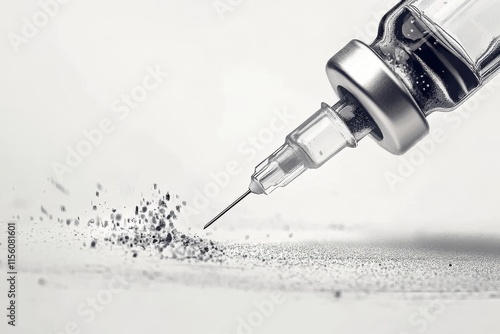 Close up of a syringe drawing vaccine from a glass vial for medical use and immunization photo