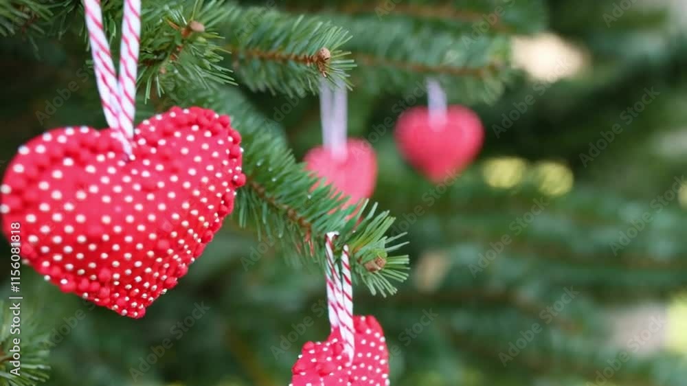 Handcrafted heart-shaped ornaments hanging from a tree Handcrafted heart-shaped ornaments hanging from a tree