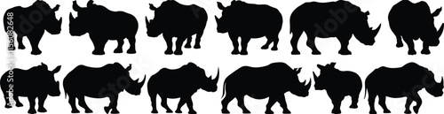 Rhino silhouettes set, rhinoceros pack of vector silhouette design, isolated background