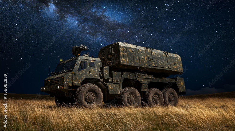 Obraz premium Military Vehicle Under Night Sky with Natural Lighting