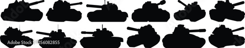 Tank silhouettes set, army pack of vector silhouette design, isolated background